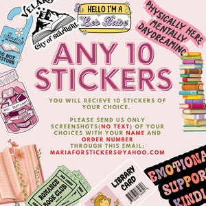 Qualsiasi 10 adesivi di TUA scelta, adesivo libresco, regalo per gli amanti dei libri, Merch libresco, adesivo Kindle, Smut Reader, amante della lettura, e-reader