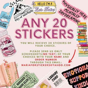 Qualsiasi 20 adesivi di TUA scelta, adesivo libresco, regalo per gli amanti dei libri, Merch libresco, adesivo Kindle, Smut Reader, amante della lettura, e-reader