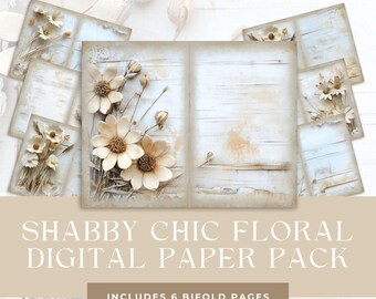 May include: A digital paper pack with six bifold pages featuring a shabby chic floral design. The pages have a whitewashed wood background with beige and brown floral accents.