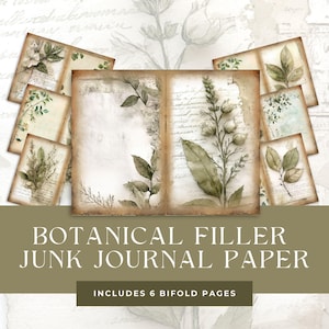 Pages de carnet botanique à deux volets, papier imprimable nature à base de plantes, demi-papiers verdure vintage, paquet de papier jardin cottage, plantes rustiques