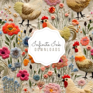 May include: Embroidered fabric with a repeating pattern of roosters and flowers. The fabric is cream colored and the roosters are beige, yellow, and orange. The flowers are red, pink, orange, yellow, blue, and purple. The text "Infinite Ink Downloads" is in the center of the image.