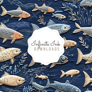 May include: A digital illustration of a repeating pattern of stylised fish swimming in a blue ocean. The fish are a variety of colours, including gold, silver, and blue. The text "Infinite Ink Downloads" is in the centre of the image.