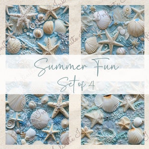 Puede incluir: Un conjunto de cuatro pinturas cuadradas con un tema de playa de verano. Cada pintura es un primer plano de una variedad de conchas marinas, estrellas de mar y corales en tonos de blanco, azul y beige sobre un fondo azul claro. El texto "Summer Fun Set of 4" está escrito en blanco sobre una pancarta blanca.
