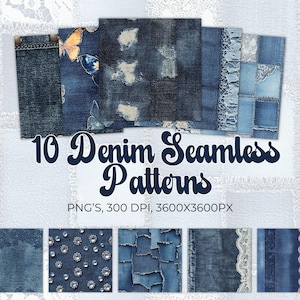 May include: Ten seamless denim patterns in blue and white. The patterns include distressed denim, patchwork, and lace trim. PNG's, 300 DPI, 3600x3600px.