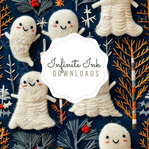 Puede incluir: Un fondo azul con fantasmas blancos y árboles bordados con hilo naranja y marrón. El texto "Infinite Ink Downloads" está en un círculo blanco en el centro de la imagen.