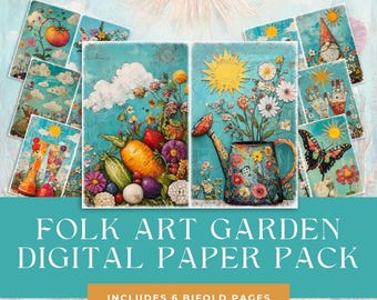 Whimsical Spring Garden Digital Paper Pack, Colorful Folk Art Variety Junk Journal Pages, Filler Half Papers, Scrapbook Card Making Supplies