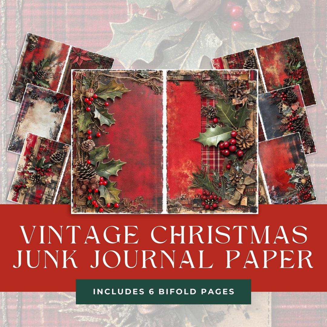 Vintage Red Christmas Bifold Junk Journal Pages, Rustic Nature Plaid ...
