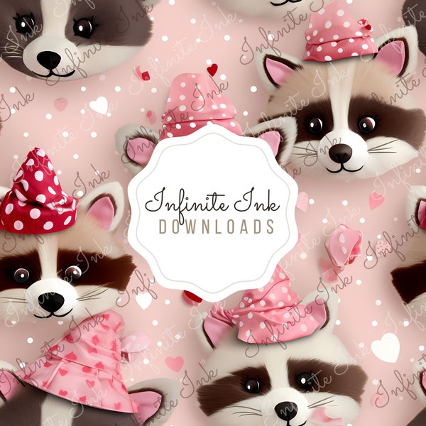 Valentines Racoons Seamless Pattern - Cute Stuffed Animal Racoons and Hearts Repeating Design - PNG - Digital Download - Fabric Sublimation