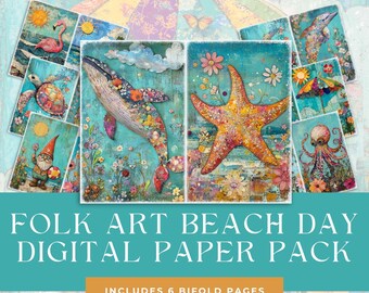 Folk Art Beach Digital Paper Pack, Colorful Whimsical Floral Ocean Junk Journal Pages, Filler Half Papers, Scrapbook Card Making Supplies