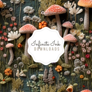 May include: A whimsical illustration featuring a variety of colorful flowers and mushrooms, with a white circle in the center that reads "Infinite Ink Downloads".