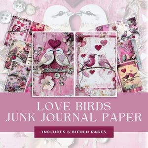 Saint-Valentin Love Birds Pages de journal indésirable à 2 volets, papier imprimable coeurs romantiques, fournitures de scrapbooking, fabrication de cartes, téléchargement numérique