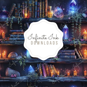 May include: A dark wooden bookshelf with multiple shelves filled with books, candles, and crystals. The shelves are decorated with vines and glowing lights. The text "Infinite Ink Downloads" is displayed in the centre of the image.