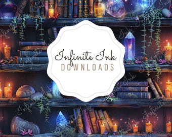 Magical Witchy Bookshelf Seamless Pattern, Mushroom Crystal Candle Bookish Repeating Design, Book Lover Digital Download, Fabric Sublimation