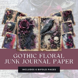 Carta da diario bifold con motivi floreali romantici gotici, pagine stampabili di romanticismo dark, articoli per scrapbooking, download digitale di fiori e cuori di San Valentino