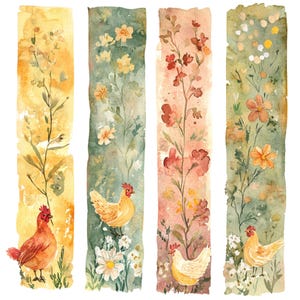 Puede incluir: Cuatro ilustraciones de acuarela de pollos y flores. Cada ilustración está sobre un fondo rectangular vertical de un color diferente: amarillo, verde, rosa y azul. Los pollos están todos mirando hacia el lado derecho de la imagen. Las flores son de diferentes colores y están dispuestas en un patrón aleatorio.