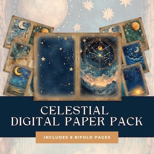 Celestial Bifold Junk Journal, páginas imprimíveis de estrelas e luas, pacote de papel de planetas cósmicos, download digital de céu noturno estrelado lunar de fantasia