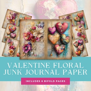 Valentijnsdag dubbelgevouwen ongewenste dagboekpagina's, vintage kleurrijke bloemenharten afdrukbaar papier, plakboekbenodigdheden, kaarten maken digitale download