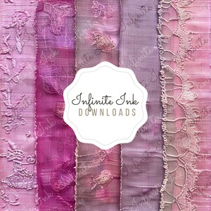 May include: A close-up of five strips of fabric in various shades of pink and purple. The fabric has a delicate, embroidered pattern and a slightly frayed edge. The text "Infinite Ink DOWNLOADS" is written in a white circle in the center of the image.