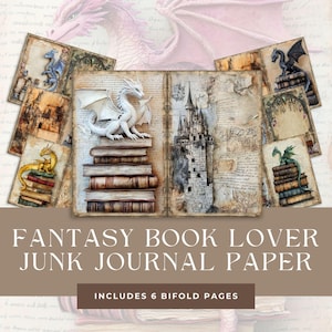 ファンタジー ドラゴン キャッスル ジャンク ジャーナル ペーパー、本好きの印刷可能なページ、ビンテージ ブック ヌーク ペーパー パック、魔女の魔法のデジタル ダウンロード