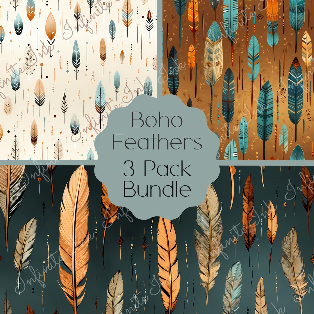 Boho Tribal Feathers Seamless Pattern Bundle, Turquoise Feather and ...