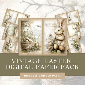Ostern Bifold Junk Journal Seiten, Frühling Hasen Eier, Vintage Botanische Grün Printables, Botanik Kräuter Halbe Papiere, Digitales Papier