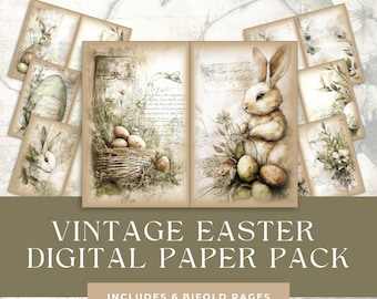 Easter Bifold Junk Journal Pages, Spring Bunny Eggs, Vintage Botanical Greenery Printables, Botany Herbal Half Papers, Digital Paper Pack