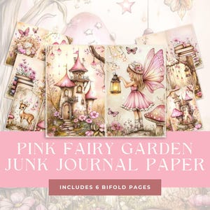 Fairy Junk Journal Pages, Whimsical Mushroom Fairies Paper Pack, Pastel Pink Magical Garden Digital Download, Fantasy Castles Printables
