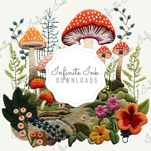 Faux Embroidery Effect Boho Mushroom Patch - Whimsical Woodland Toadstool Embroidered Design - PNG - Digital Download - Fabric Sublimation