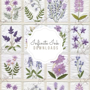 Puede incluir: Una colcha blanca con un diseño de patchwork que presenta flores moradas bordadas y hojas verdes. La colcha está etiquetada como "Infinite Ink Downloads".