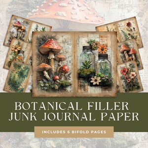 Botanische paddenstoel dubbelgevouwen ongewenste tijdschriftpagina's, bemoste varens natuur afdrukbaar papier, vintage groen half papier, plantkunde planten voorbeeldpotten