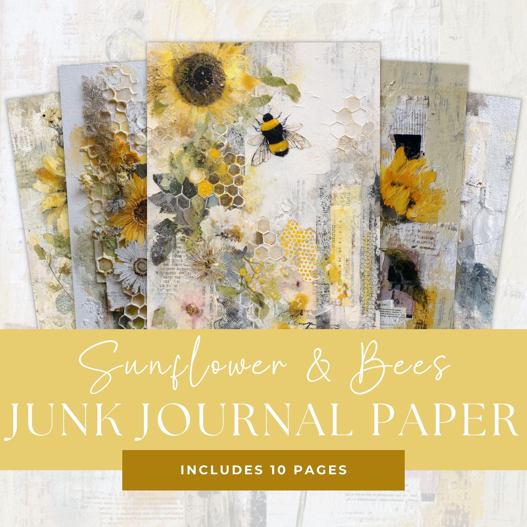 Honey Bees Junk Journal Paper, Spring Summer Sunflower Bumblebee Printable Pages, Mixed Media Filler Digital Paper Pack, Honeycomb Collage