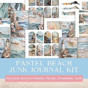 Pastel Beach Ocean Junk Journal Kit, Ephemera Pack, Coastal Lighthouse Folio Printable Pages, Floral Seashells Beachy Torn Papers and Tags