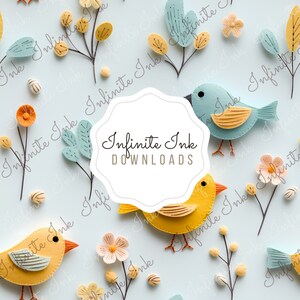 Peut inclure: Un cercle blanc avec le texte "Infinite Ink Downloads" en noir. L'arrière-plan est bleu clair avec des oiseaux jaunes et bleus, des fleurs et des feuilles.
