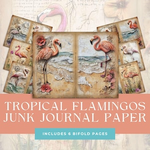 Tropical Flamingo Bifold Junk Journal Pages, Summer Beach Waves Printable Paper Pack, Vintage Floral Foliage Scrapbook Supplies, Card Making