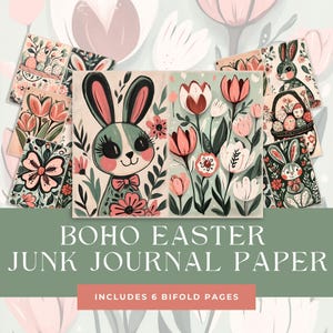 Boho Ostern Bifold Junk Journal Seiten, Folk Art Blumen Bunnies, Korb Eier Bögen Printables, schrullig lustige halbe Papiere, Digital Paper Pack