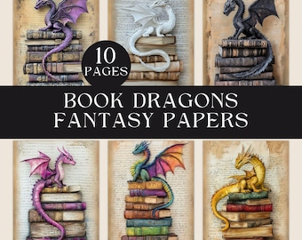 Fantasy Book Dragons Digital Papers, Vintage Book Lover Printable Pages, Colorful Magical Paper Pack, Whimsical Literature Digital Download