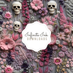 May include: A digital download graphic with a white circle and the text "Infinite Ink Downloads" surrounded by a background of pink and purple flowers and skulls.