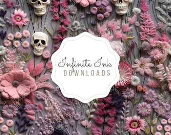 Whimsigoth Floral Seamless Pattern, Pastel Pink Skulls and Flowers PNG, 3D Felt Digital Download, POD Fabric Sublimation, Commercial Use