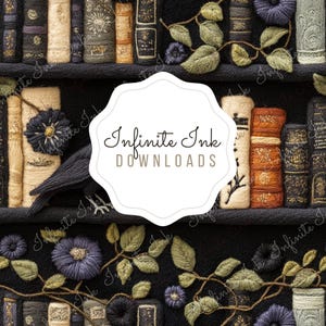 Gothic Raven Floral Bookshelf Seamless Pattern, Faux Embroidery Felt Bookish Repeating Design, Book Lover Digital PNG Download Sublimation