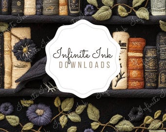 Gothic Raven Floral Bookshelf Seamless Pattern, Faux Embroidery Felt Bookish Repeating Design, Book Lover Digital PNG Download Sublimation