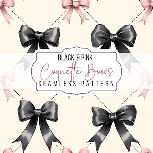 Könnte beinhalten: Nahtloses Muster mit schwarzen und rosa Schleifen auf cremefarbenem Hintergrund. Die Schleifen sind in einem sich wiederholenden Muster angeordnet, mit einer Mischung aus schwarzen und rosa Schleifen. Der Text "BLACK & PINK Coquette Bows SEAMLESS PATTERN" ist in einem dekorativen Rahmen dargestellt.