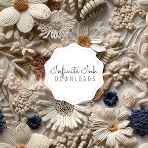 May include: A close-up of a variety of white, cream, and beige polymer clay flowers. The flowers are arranged in a random pattern and have a textured surface. The text "Infinite Ink DOWNLOADS" is in the center of the image.