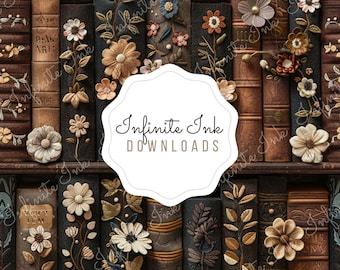 Boho Bookish Floral Seamless Pattern - Book Lover Digital Download - Bookshelf Repeating Design - Fabric Sublimation - PNG