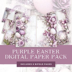 Ostern Bifold Junk Journal Seiten, Frühling Hasen Eier, Vintage Pastell Lila Blumen Printables, Fensterrahmen halbe Papiere, Digital Paper Pack