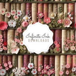 Pode incluir: Um close-up de uma estante de livros cheia de livros antigos, decorada com delicadas flores de papel em tons de rosa, branco e verde. O texto "Infinite Ink Downloads" é exibido em um círculo branco no centro da imagem.