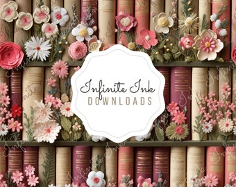 Bookish Floral Seamless Pattern - Books and Flowers on a Shelf Repeating Design - Book Lover Digital Download - Fabric Sublimation - PNG