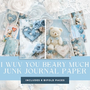 Pagine di diario bifold con orsetti di San Valentino, carta stampabile per neonato blu, forniture per album, download digitale per la creazione di biglietti