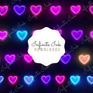 Puede incluir: Un patrón sin costuras de corazones de neón rosa, azul y morado sobre un fondo negro. El texto "Infinite Ink Downloads" está en el centro de la imagen.