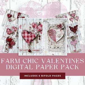 Páginas de diario plegables con motivos de San Valentín de estilo rústico, paquete de papel imprimible con texturas de madera de granero blanco envejecido, suministros para álbumes de recortes con corazones, fabricación de tarjetas