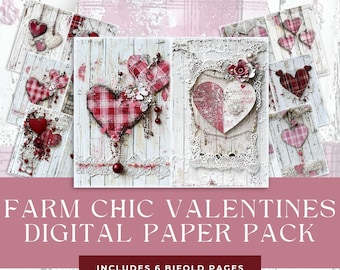 Farm Chic Valentines Bifold Junk Journal Pages, Aged White Barn Wood Textures Printable Paper Pack, Hearts Scrapbook Supplies, Card Making